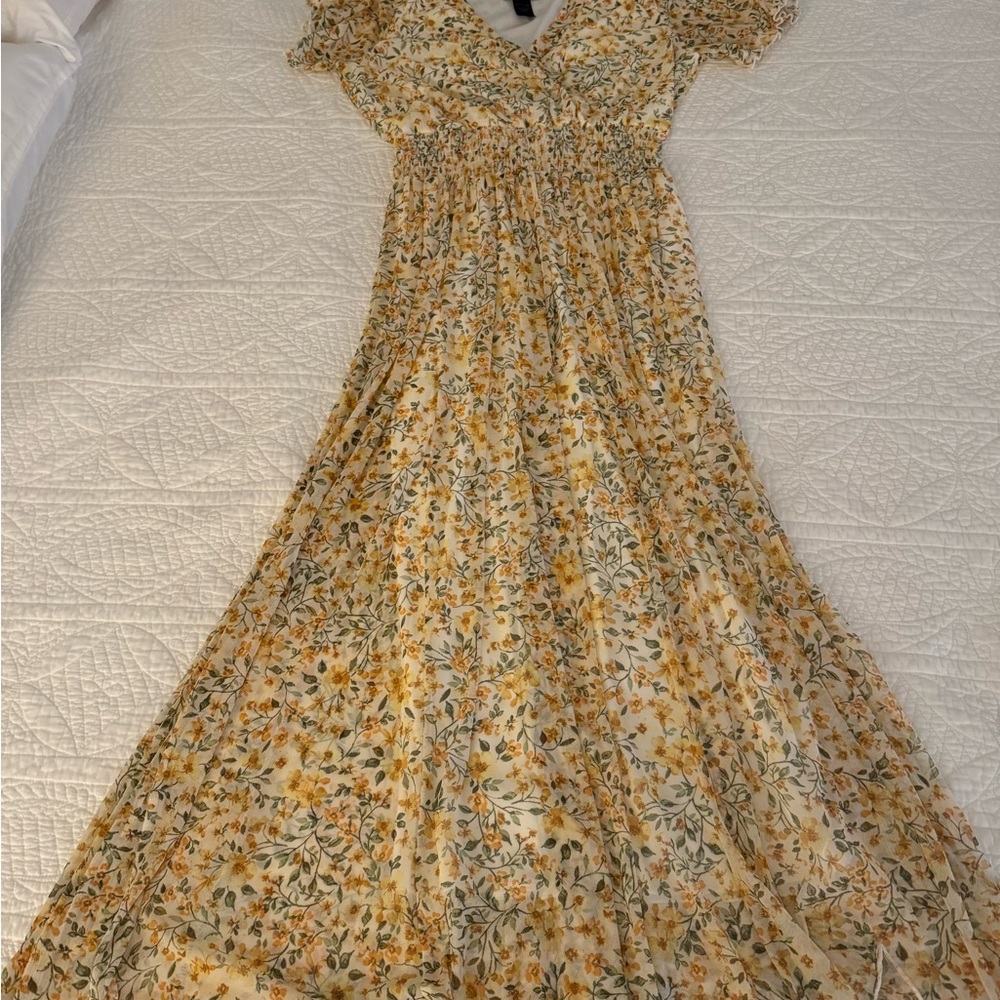 Roolee Elegant Floral Maxi Dress in Yellow and Cream